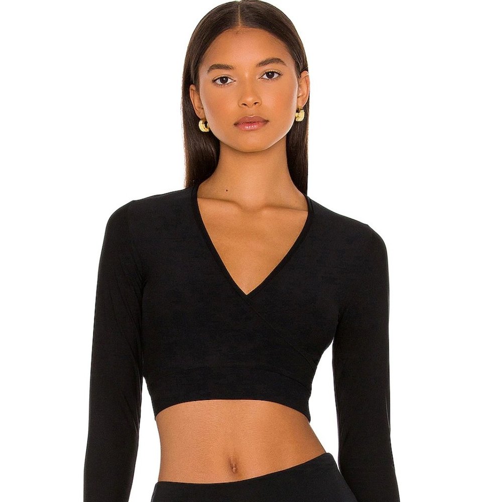 NEW Commando Women's Black Butter V Neck Crop Faux Wrap Shirt Top thumbholes XS